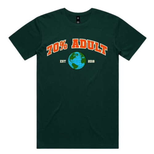 Green & Red Collegiate Tshirt – 70 Percent Adult